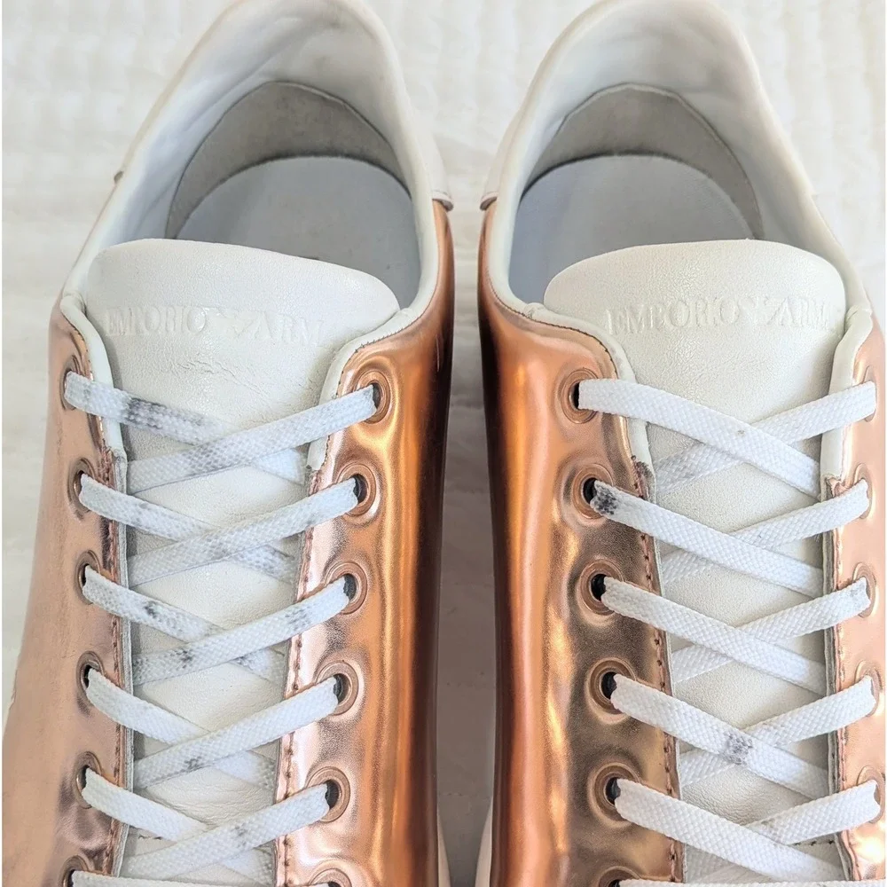 Emporio Armani Logo Print Lace Up Leather Casual Sneakers‎ Rose Gold White US 6